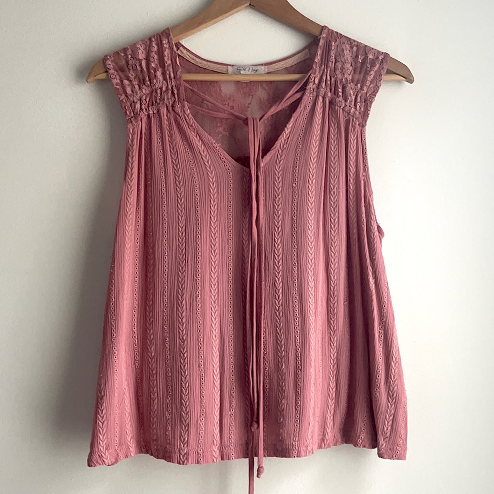 Taylor & Sage Tie Front Lace Pleated Pink Blouse